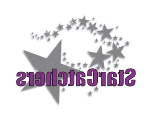 A graphic logo for %22StarCatchers%22 featuring a swirl of silver stars forming a circle with a large star on the bottom right. The text %22StarCatchers%22 is written in purple letters with a glitter effect